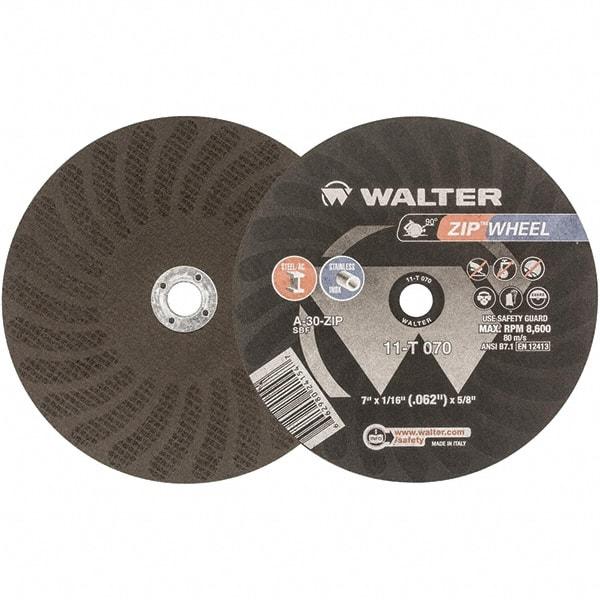 WALTER Surface Technologies - 7" 30 Grit Aluminum Oxide Cutoff Wheel - 1/16" Thick, 5/8" Arbor, 8,600 Max RPM, Use with Circular Saws - Exact Tool & Supply
