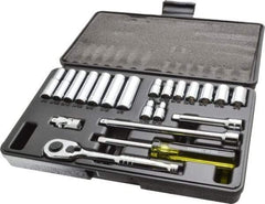 Stanley - 21 Piece 1/4" Drive Chrome Finish Deep Well Socket Set - 6 Points, 3/16" to 1/2" Range, Inch Measurement Standard - Exact Tool & Supply