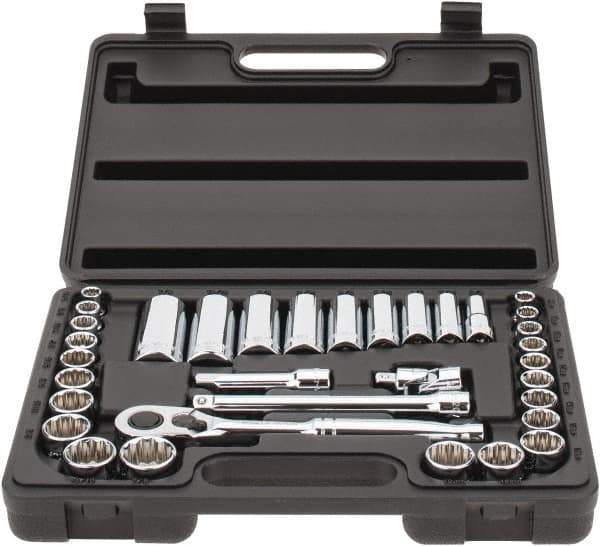 Stanley - 34 Piece 3/8" Drive Chrome Finish Deep Well Socket Set - 12 Points, 5/16" to 7/8" (8mm to 19mm) Range, Inch/Metric Measurement Standard - Exact Tool & Supply