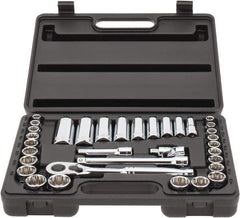 Stanley - 34 Piece 3/8" Drive Chrome Finish Deep Well Socket Set - 12 Points, 5/16" to 7/8" (8mm to 19mm) Range, Inch/Metric Measurement Standard - Exact Tool & Supply
