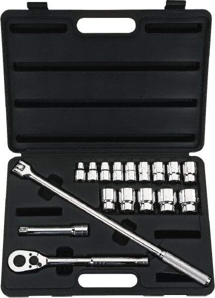 Stanley - 17 Piece 1/2" Drive Chrome Finish Socket Set - 12 Points, 3/8" to 1-1/4" Range, Inch Measurement Standard - Exact Tool & Supply