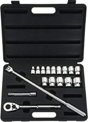 Stanley - 17 Piece 1/2" Drive Chrome Finish Socket Set - 12 Points, 3/8" to 1-1/4" Range, Inch Measurement Standard - Exact Tool & Supply