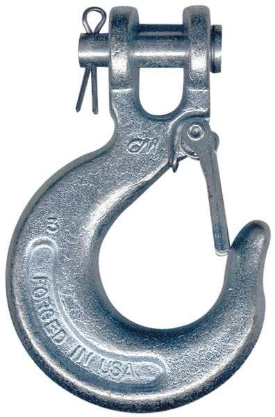 CM - 1/4 Inch Chain Diameter, Grade 43 Clevis Hook - 2,600 Lbs. Load Capacity, 0.36 Inch Inside Diameter, 0.31 Inch Pin Diameter, 0.72 Inch Hook Throat, 2.27 Inch Overall Length, 2.33 Inch Hook Width - Exact Tool & Supply