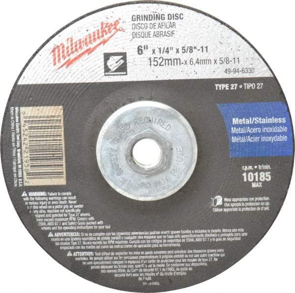 Milwaukee Tool - 24 Grit, 6" Wheel Diam, 1/4" Wheel Thickness, Type 27 Depressed Center Wheel - Aluminum Oxide, Resinoid Bond, R Hardness, 10,185 Max RPM, Compatible with Angle Grinder - Exact Tool & Supply