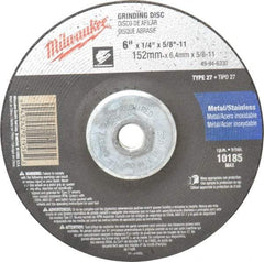 Milwaukee Tool - 24 Grit, 6" Wheel Diam, 1/4" Wheel Thickness, Type 27 Depressed Center Wheel - Aluminum Oxide, Resinoid Bond, R Hardness, 10,185 Max RPM, Compatible with Angle Grinder - Exact Tool & Supply