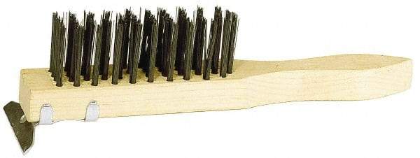 Weiler - 4 Rows x 11 Columns Steel Scratch Brush - 5-1/2" Brush Length, 11-1/2" OAL, 1-1/2" Trim Length, Wood Straight Handle - Exact Tool & Supply