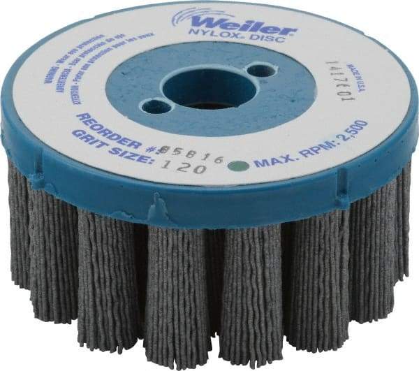 Weiler - 4" 120 Grit Silicon Carbide Crimped Disc Brush - Fine Grade, Plain Hole Connector, 1-1/2" Trim Length, 7/8" Arbor Hole - Exact Tool & Supply
