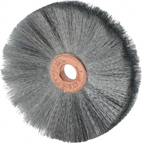 Weiler - 2" OD, 1/4" Arbor Hole, Crimped Steel Wheel Brush - 3/8" Face Width, 3/4" Trim Length, 0.003" Filament Diam, 20,000 RPM - Exact Tool & Supply