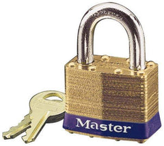 Master Lock - 15/16" Shackle Clearance, Keyed Different Laminated Brass Padlock - 5/16" Shackle Diam, Brass - Exact Tool & Supply