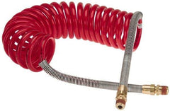 Parker - 3/8" ID, 1/2 x 1/2 Thread, 15' Long, Red SAE J844 Type B Nylon Coiled & Self Storing Hose - 150 Max psi, Parker NTA Brass Fittings - Exact Tool & Supply