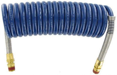 Parker - 3/8" ID, 1/2 x 1/2 Thread, 15' Long, Blue SAE J844 Type B Nylon Coiled & Self Storing Hose - 150 Max psi, Parker NTA Brass Fittings - Exact Tool & Supply