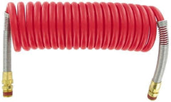 Parker - 3/8" ID, 1/2 x 1/2 Thread, 15' Long, Red SAE J844 Type B Nylon Coiled & Self Storing Hose - 150 Max psi, Parker NTA Brass Fittings - Exact Tool & Supply
