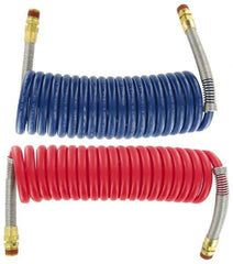 Parker - 3/8" ID, 1/2 x 1/2 Thread, 15' Long, (1) Red & (1) Blue SAE J844 Type B Nylon Coiled & Self Storing Hose - 150 Max psi, Parker NTA Brass Fittings - Exact Tool & Supply