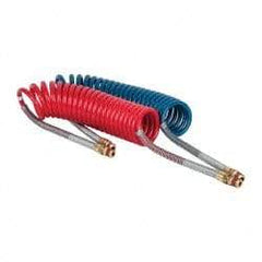 Parker - 3/8" ID, 1/2 x 1/2 Thread, 15' Long, (1) Red & (1) Blue SAE J844 Type B Nylon Coiled & Self Storing Hose - 150 Max psi, Parker NTA Brass Fittings - Exact Tool & Supply