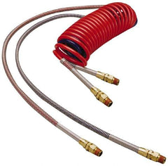 Parker - 3/8" ID, 1/2 x 1/2 Thread, 15' Long, (1) Red & (1) Blue SAE J844 Type B Nylon Coiled & Self Storing Hose - 150 Max psi, Parker NTA Brass Fittings - Exact Tool & Supply