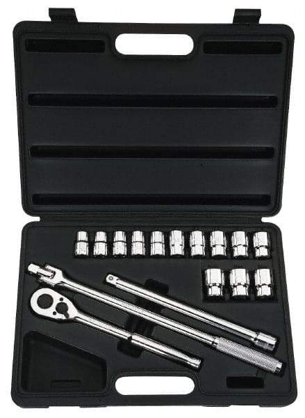 Stanley - 16 Piece 1/2" Drive Chrome Finish Socket Set - 6 Points, 12mm to 24mm Range, Metric Measurement Standard - Exact Tool & Supply
