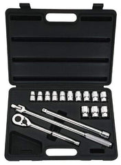 Stanley - 16 Piece 1/2" Drive Chrome Finish Socket Set - 6 Points, 12mm to 24mm Range, Metric Measurement Standard - Exact Tool & Supply