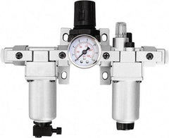 PRO-SOURCE - 3/8" NPT Port Intermediate 3 Piece Filter-Regulator-Lubricator FRL Unit - Aluminum Bowl, 71 SCFM, 215 Max psi, 10.43" High, Manual Drain - Exact Tool & Supply