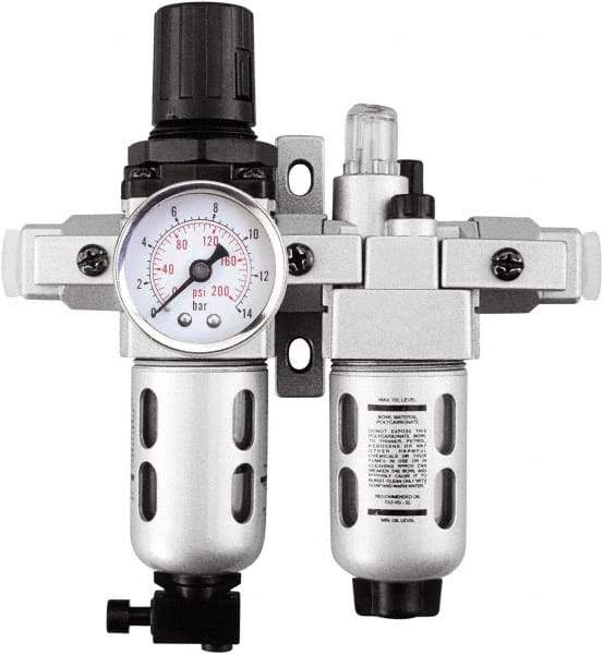 PRO-SOURCE - 1" NPT Port Heavy Duty 2 Piece Filter/Regulator-Lubricator FRL Unit - Polycarbonate Bowl, 140 SCFM, 145 Max psi, 14.6" High, Manual Drain - Exact Tool & Supply