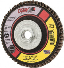 Camel Grinding Wheels - 24 Grit, 4-1/2" Disc Diam, 5/8-11 Center Hole, Type 27 Zirconia Alumina Flap Disc - 13,300 Max RPM, Poly Cotton Backing, Arbor Attaching System, Coated - Exact Tool & Supply
