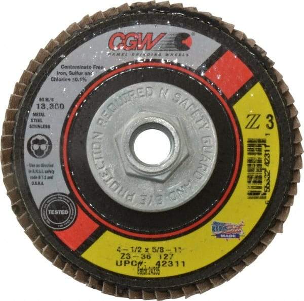 Camel Grinding Wheels - 36 Grit, 4-1/2" Disc Diam, 5/8-11 Center Hole, Type 27 Zirconia Alumina Flap Disc - 13,300 Max RPM, Poly Cotton Backing, Arbor Attaching System, Coated - Exact Tool & Supply