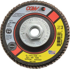 Camel Grinding Wheels - 40 Grit, 4-1/2" Disc Diam, 5/8-11 Center Hole, Type 29 Zirconia Alumina Flap Disc - 13,300 Max RPM, Poly Cotton Backing, Arbor Attaching System, Coated - Exact Tool & Supply