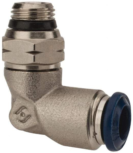 Alpha Technologies - 1/4" Outside Diam, 1/8 Universal Thread, Nickel Plated Brass Push-to-Connect Male Swivel Elbow - 250 Max psi, Tube to Universal Thread Connection, Buna O-Ring - Exact Tool & Supply