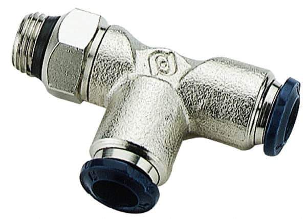 Alpha Technologies - 1/8" Outside Diam, 1/8 Universal Thread, Nickel Plated Brass Push-to-Connect Male Swivel Run Tee - 250 Max psi, Tube to Universal Thread Connection, Buna O-Ring - Exact Tool & Supply