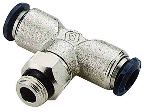 Alpha Technologies - 3/8" Outside Diam, 1/2 Universal Thread, Nickel Plated Brass Push-to-Connect Male Swivel Branch Tee - 250 Max psi, Tube to Universal Thread Connection, Buna O-Ring - Exact Tool & Supply