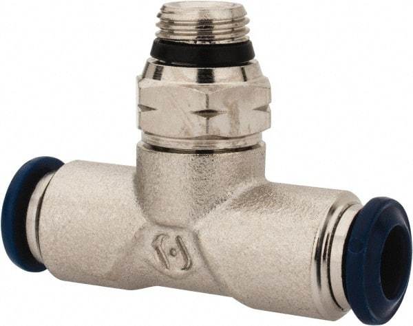 Alpha Technologies - 1/4" Outside Diam, 1/8 Universal Thread, Nickel Plated Brass Push-to-Connect Male Swivel Branch Tee - 250 Max psi, Tube to Universal Thread Connection, Buna O-Ring - Exact Tool & Supply