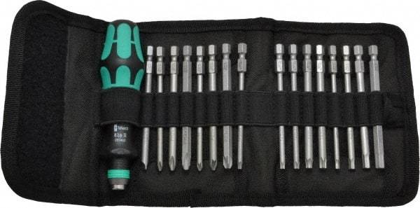 Wera - 17 Piece, 1/4" Drive Screwdriver Power Bit Set - #1, #2 & #3 Phillips, 3 to 6mm Hex, Tamperproof TR10 to TR30 Torx, #1, #2 & #3 Pozidriv, 1.0x5.5mm Slotted - Exact Tool & Supply