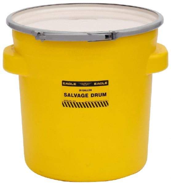 Eagle - 20 Gallon Capacity, Metal Lever Lock, Yellow Salvage Drum - 5 Gallon Container, 165 Lb. Capacity, Polyethylene, UN 1H2/X75/S Listing - Exact Tool & Supply