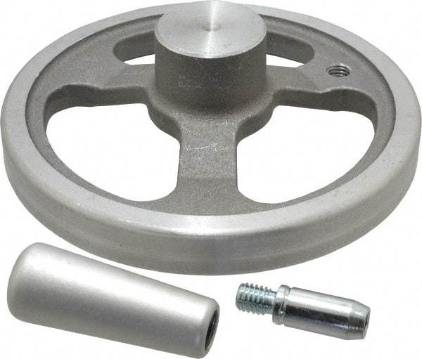 Jergens - 6", 3 Spoke Offset Handwheel with Handle - 1-1/2" Hub, Aluminum Alloy, Plain Finish - Exact Tool & Supply