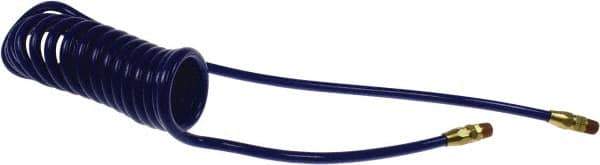 Coilhose Pneumatics - 1/4" ID, 1/4 Thread, 15' Long, Blue Polyurethane Coiled & Self Storing Hose - 125 Max psi, Male Swivel x Male Swivel - Exact Tool & Supply