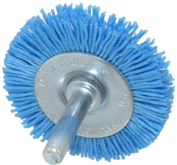 Value Collection - 2" OD, 1/4" Shank Diam, Crimped Nylon Wheel Brush - 1/4" Face Width, 5/16" Trim Length, 4,500 RPM - Exact Tool & Supply