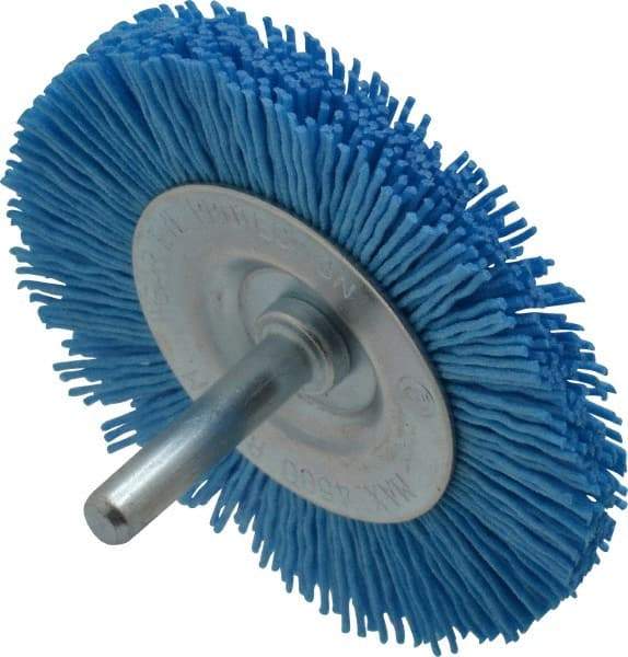 Value Collection - 3" OD, 1/4" Shank Diam, Crimped Nylon Wheel Brush - 1/4" Face Width, 5/16" Trim Length, 4,500 RPM - Exact Tool & Supply