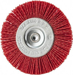 Value Collection - 4" OD, 1/4" Shank Diam, Crimped Nylon Wheel Brush - 1/4" Face Width, 5/16" Trim Length, 4,500 RPM - Exact Tool & Supply