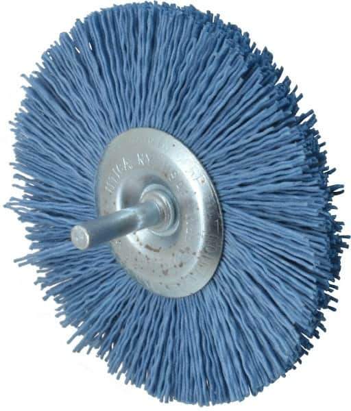 Value Collection - 4" OD, 1/4" Shank Diam, Crimped Nylon Wheel Brush - 1/4" Face Width, 5/16" Trim Length, 4,500 RPM - Exact Tool & Supply