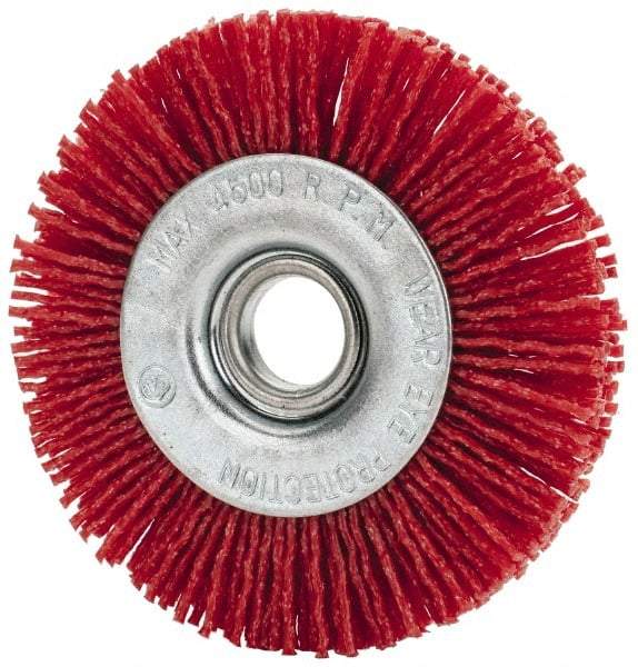 Value Collection - 3" OD, 1/2" Shank Diam, 1/2" Arbor Hole, Crimped Nylon Wheel Brush - 3/8" Face Width, 5/16" Trim Length, 4,500 RPM - Exact Tool & Supply