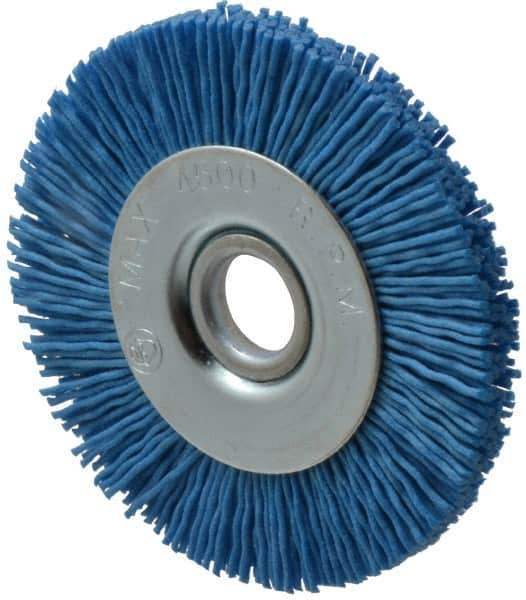 Value Collection - 3" OD, 1/2" Shank Diam, 1/2" Arbor Hole, Crimped Nylon Wheel Brush - 3/8" Face Width, 5/16" Trim Length, 4,500 RPM - Exact Tool & Supply