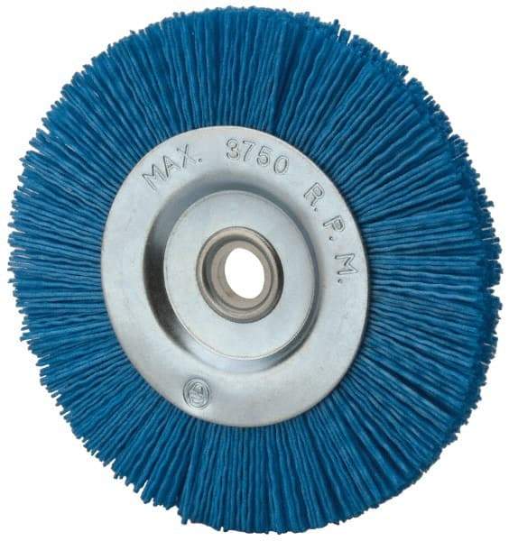 Value Collection - 5" OD, 5/8" Shank Diam, 5/8" Arbor Hole, Crimped Nylon Wheel Brush - 5/16" Face Width, 5/16" Trim Length, 3,750 RPM - Exact Tool & Supply