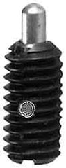 Jergens - 1/4-20, 5/8" Thread Length, 3/16" Plunger Projection, Steel Threaded Spring Plunger - 0.119" Max Plunger Diam, 5/8" Plunger Length, 0.5 Lb Init End Force, 6 Lb Final End Force - Exact Tool & Supply