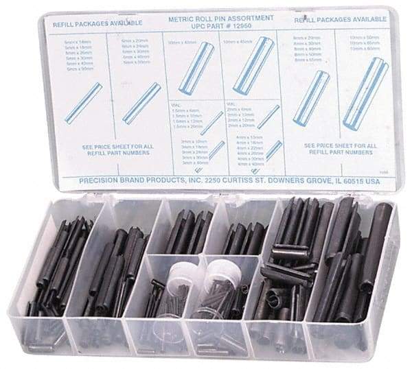 Precision Brand - 287 Piece, 1.5 to 10mm Pin Diam, Spring Pin Assortment - 1.5 to 80mm Long, Steel - Exact Tool & Supply