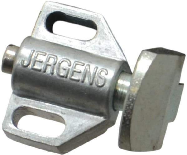 Jergens - 15/16" Body Width x 11/16" Body Len, 1/8" Stroke Len, 21/32" Btw Mt Hole Ctrs, Tang Square Spring Locating Stop - 10 Lb Mid End Force, 5/8" Stop Head Width x 7/8" Stop Head Height - Exact Tool & Supply