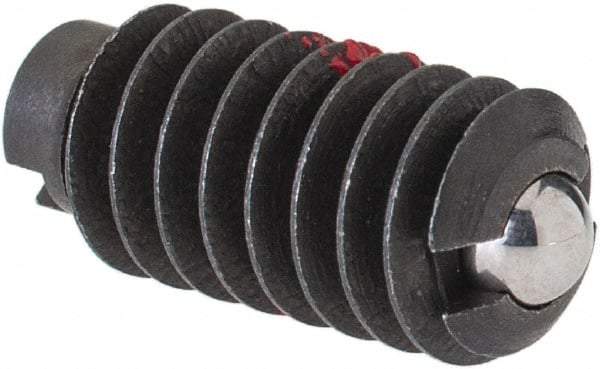 Jergens - 1/4-20, 0.125" Ball Diam, 17/32" Body Length, 0.035" Max Ball Reach, Threaded Ball Plunger - Steel Body, Stainless Steel Ball, 2 Lb Initial End Force, 4 Lb Final End Force, Locking Element - Exact Tool & Supply