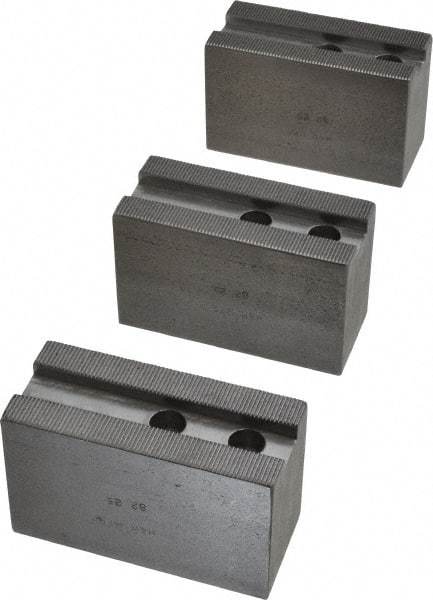 H & R Manufacturing - 1.5mm x 60° Serrated Attachment, Square Soft Lathe Chuck Jaw - 3 Jaws, Steel, 1.181" Btw Mount Hole Ctrs, 4" Long x 1-3/4" Wide x 2-1/2" High, 0.63" Groove, 12mm Fastener - Exact Tool & Supply