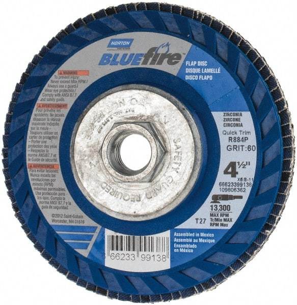 Norton - 60 Grit, 4-1/2" Disc Diam, 5/8-11 Center Hole, Type 27 Zirconia Alumina Flap Disc - 13,300 Max RPM, Fiberglass Backing, Arbor Attaching System, Coated - Exact Tool & Supply