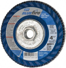 Norton - 60 Grit, 4-1/2" Disc Diam, 5/8-11 Center Hole, Type 27 Zirconia Alumina Flap Disc - 13,300 Max RPM, Fiberglass Backing, Arbor Attaching System, Coated - Exact Tool & Supply