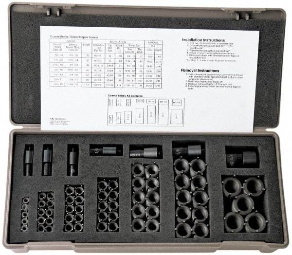 Jergens - 81 Inserts, #10-24 - 1/2-13 Internal Thread, #10-24, 1/4-20, 5/16-18, 3/8-16, 7/16-14, 1/2-13 UNC, Carbon Steel, Thread Repair Kit - 0.31, 0.37, 0.43, 0.5, 0.56, 0.62" Insert Length, Includes Installation Tool - Exact Tool & Supply