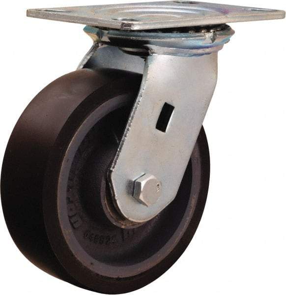 Hamilton - 6" Diam x 2" Wide x 7-1/2" OAH Top Plate Mount Swivel Caster - Polyurethane Mold onto Cast Iron Center, 1,500 Lb Capacity, Sealed Precision Ball Bearing, 4-1/2 x 6-1/4" Plate - Exact Tool & Supply